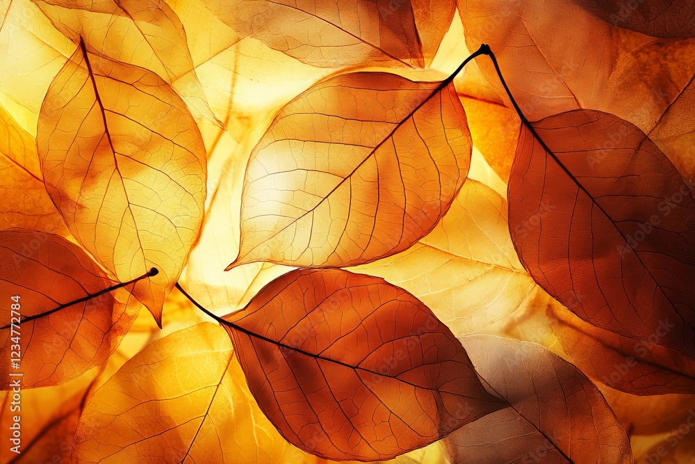 Poster Autumn leaves create a warm glow as sunlight filters through foliage in a tranquil setting