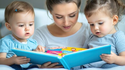 Obraz premium Cozy Scene of a Young Family Reading Together in a Bedroom with Two Children Engaged in a Colorful Picture Book