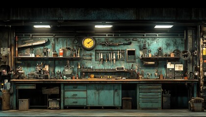 Industrial workshop with a worn, rustic atmosphere, tools arranged on shelves, vintage equipment, weathered metal and wood textures, dramatic lighting, highdefinition clarity