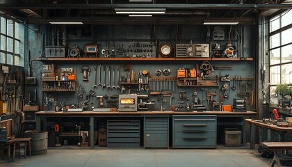 Oldfashioned industrial workshop, shelves stacked with tools, worn benches, rusty metal, distressed wood, realistic details, highcontrast lighting, 8K resolution