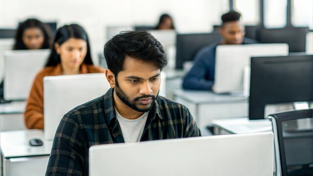 Indian Student in Computer Lab – Students working on laptop  in a well-equipped lab, learning coding or IT skills.
