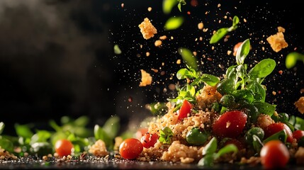 Chef collaboration with a pile of food including falling tomatoes on a kitchen table
