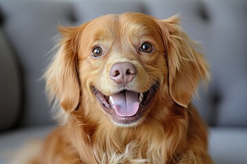 Happy golden retriever mix relaxing indoors on a cozy sofa with a bright expression