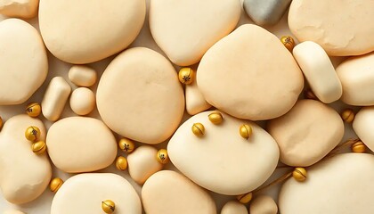 Smooth stones and golden seeds arranged artfully