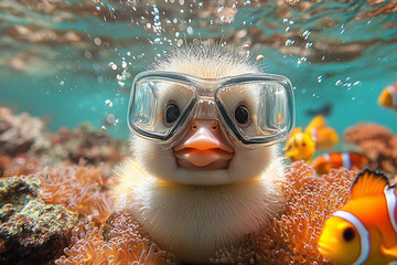 Un canard faisant de la plong&eacute; pr&egrave;s d'un r&eacute;cif corallien