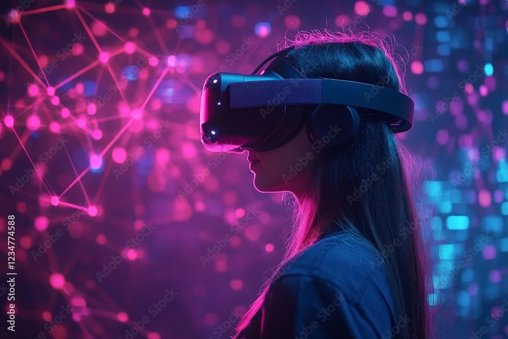 Poster young woman explores virtual reality in a colorful digital environment with glowing connections and 