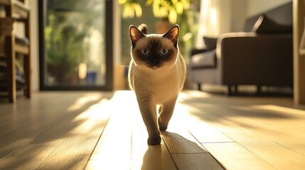 A curious Siamese cat walking gracefully across wooden floors in a sunlit room, with green plants in the background creating a serene atmosphere