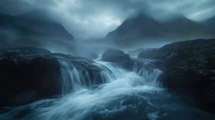 Fototapeta premium Misty mountain stream flowing, dramatic cloudscape, nature wallpaper