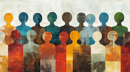 Abstract illustration showing a diverse group of people. Each person represented by a unique color in a simple, modern art style, highlighting diversity and inclusivity.