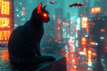 Un chat noir dans une ville futuristique