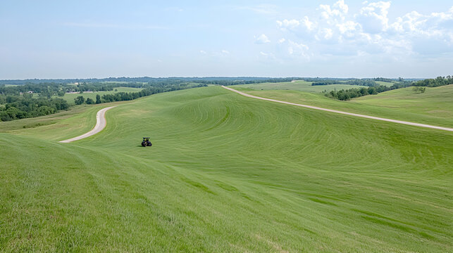 Tractor on rolling farmland, sunny day, rural landscape, agriculture