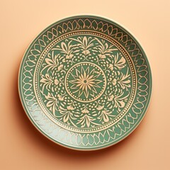 Decorative Moroccan ceramic hand painted plate, handmade, isolated, closeup top view.