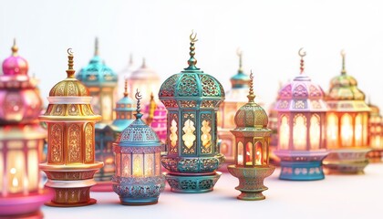 Obraz premium Festive Islamic Lanterns Illuminated for Ramadan Celebration Ornate and Colorful Designs