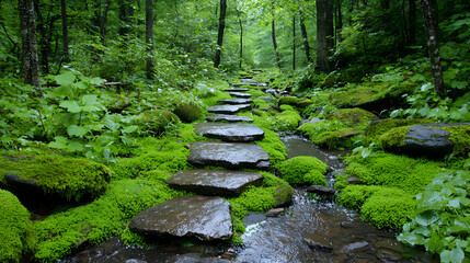 Fototapeta premium Stone path beside stream in lush forest