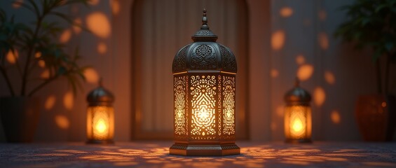 A traditional Middle Eastern lantern with intricate designs and a warm, golden glow