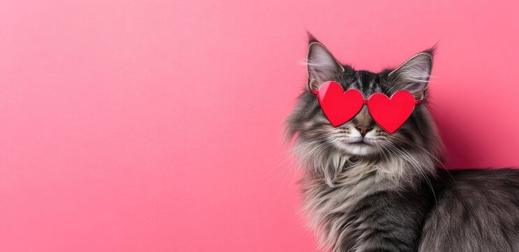 A fluffy gray cat wearing red heart-shaped sunglasses poses against a vibrant pink background, creating a charming and romantic aesthetic. Ideal for Valentine's Day marketing, social media