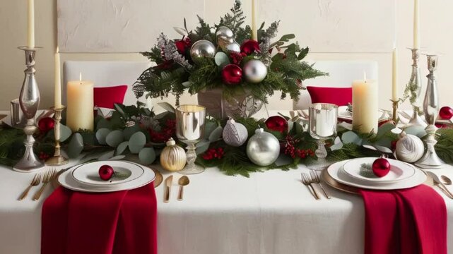 Christmas table setting with decorations in a cozy home interior