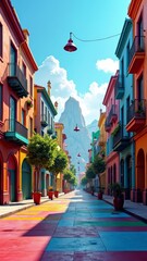 Fototapeta premium A colorful, vibrant street with a mountainous backdrop