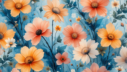 Abstract minimalist vibrant transparent wild flowers in oil painting seamless pattern with transparent leafs in lashes blue natural, vintage, soft colours combination, digital painting, brush strokes 