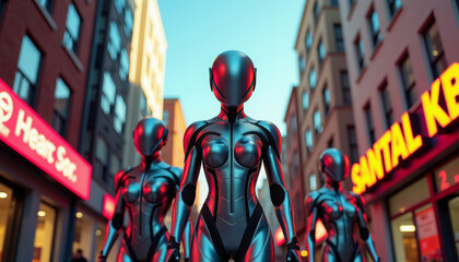 Obraz premium Futuristic humanoid robots in skin-tight suits stand on a city street surrounded by buildings with bright signs and neon lights, demonstrating the technological future.