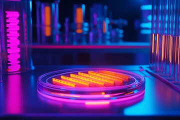 Neon-lit petri dish in futuristic laboratory setting