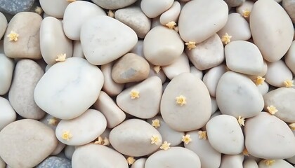Smooth white stones adorned with delicate yellow flowers