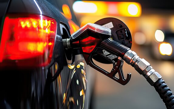 A car refueling at a gas station, with a fuel nozzle inserted into the vehicle's gas tank, illuminated by ambient lighting.