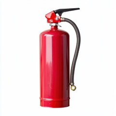 Fototapeta premium A red fire extinguisher with a black hose and a pressure gauge, isolated on a white background. Used for fire safety and emergency situations.