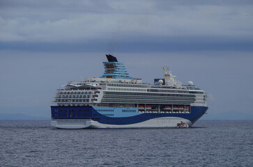 Modern ruiseship cruise ship liner Explorer 2 anchored offshore of Zakynthos island in Greece...