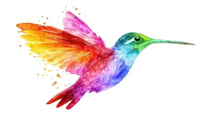 Fototapeta premium Rainbow Hummingbird in Flight, Watercolor Style, White Background, Nature Design