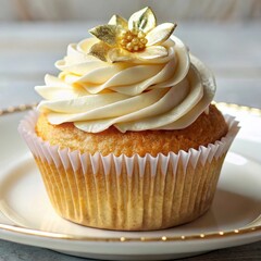 A delicate cupcake adorned with cream and a tiny sugar flower, resting gracefully on a pristine white plate, radiating elegance and sweetness