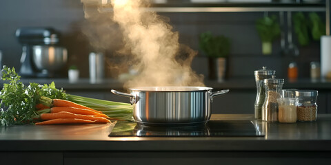 Steaming Pot with Fresh Vegetables on Modern Kitchen Counter


