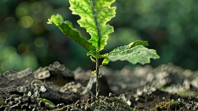 A close-up of a young oak tree with vibrant green leaves emerging from the soil, symbolizing new growth.