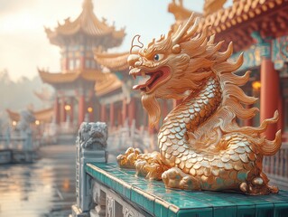 Obraz premium A golden dragon statue in a traditional Asian architectural setting.