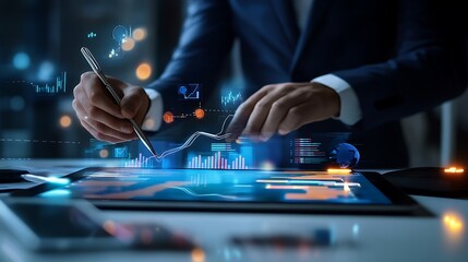 Business meeting with people analyzing data in modern office environment close-up view of digital interface