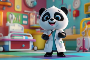 Obraz premium Cute panda doctor character in colorful clinic