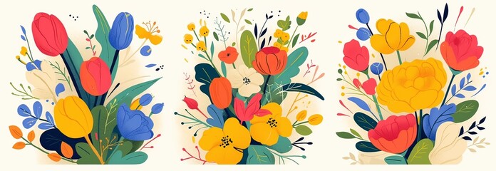 Obraz premium Three colorful Mother's Day cards featuring vibrant flowers, including tulips and roses 