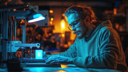 Fototapeta premium Engineer using 3D printer in workshop with blue light