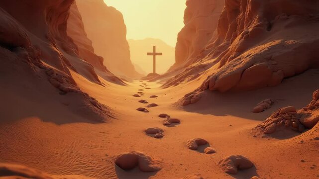 Footprints in the fine red dust of the canyon lead to a lonely cross among the rocks. Stories bible. Crucifixion religion.
