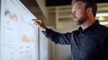 Business people analyzing data insights in modern office environment informative graphs on display