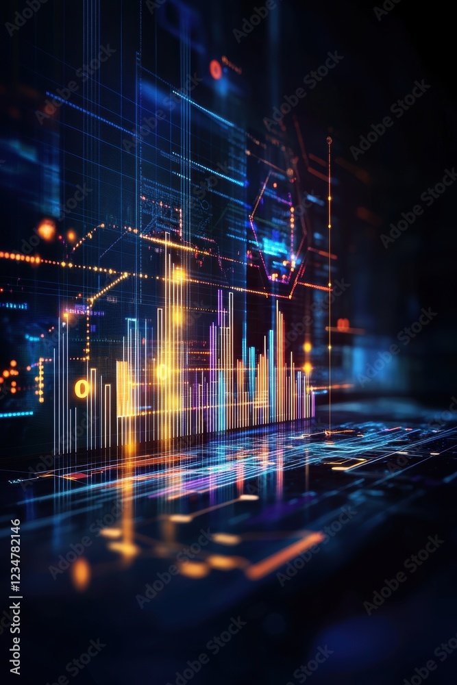 Poster an immersive visualization of dynamic data analytics, showcasing vibrant charts and graphs against a