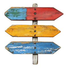 PNG Colorful Wooden Directional Signpost Against Transparent Background for Travel, Outdoor Events, or Adventure-Themed Designs - obrazy, fototapety, plakaty