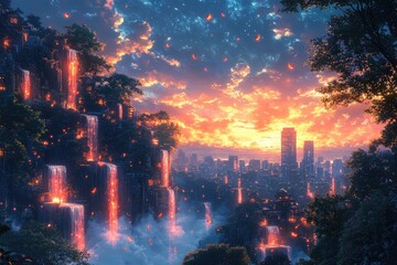 Fototapeta premium Glowing Waterfalls Cascade Over City Skyline at Sunset