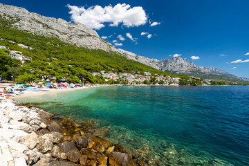 Fototapeta premium Croatia, Dalmatia, Brela - 10 august 2024 - View of Brela with sea and mountains