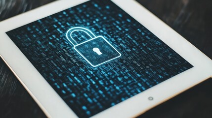Digital Tablet Displaying a Blue Glowing Padlock Over a Background of Blue Glowing Lines and Patterns