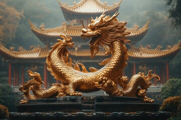 Obraz premium A majestic golden dragon statue in a serene temple setting.