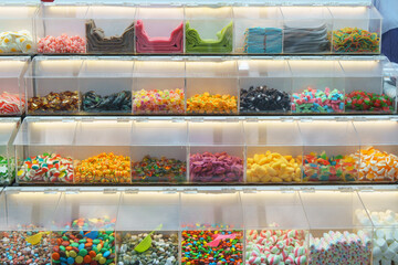 Colorful Assortment of Jelly Candies in Transparent Bins