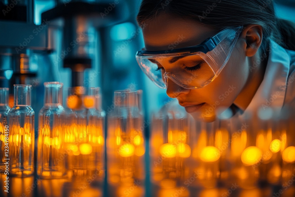 Poster scientist examining glowing liquid samples in a modern laboratory during an evening experiment