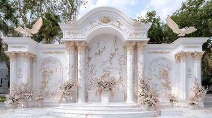 Naklejka premium A white and gold wedding arch with two birds on top