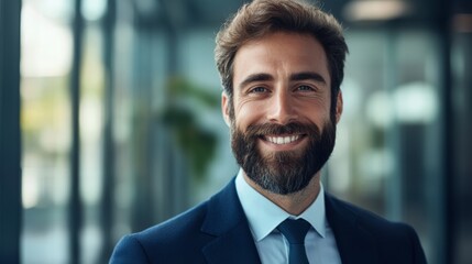 Fototapeta premium portrait of handsome man with beard and suit with blur background and copy space